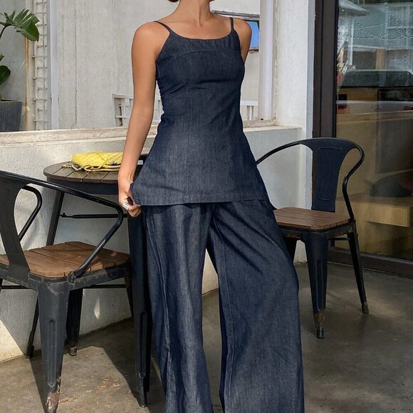 Dark Wash Casual Women's Simplistic Camisole & Denim Pants Set - Picture 1 of 7